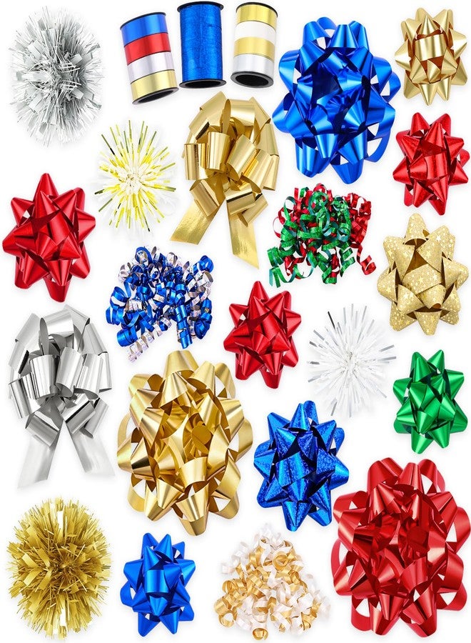 YUJUN 23PCS Christmas Gift Bows Decoration Set Xmas Pull Paper Present Bows Assortment with Gift Ribbons Wrapping Bows for Christmas New Year Wedding Decoration(Red Blue) - Image 1